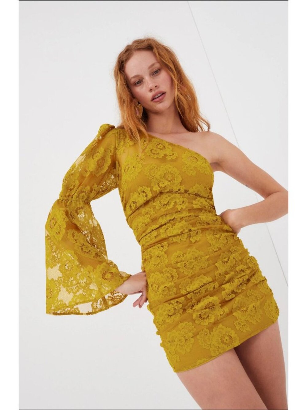 NWT For Love and Lemons Tiana One-Shoulder Lace Floral Mini Dress Yellow XS